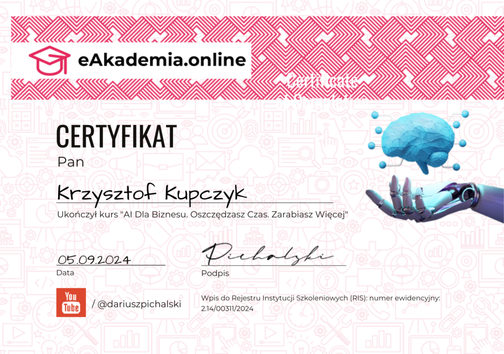 Certyfikat AI dla biznesu Krzysztof Kupczyk