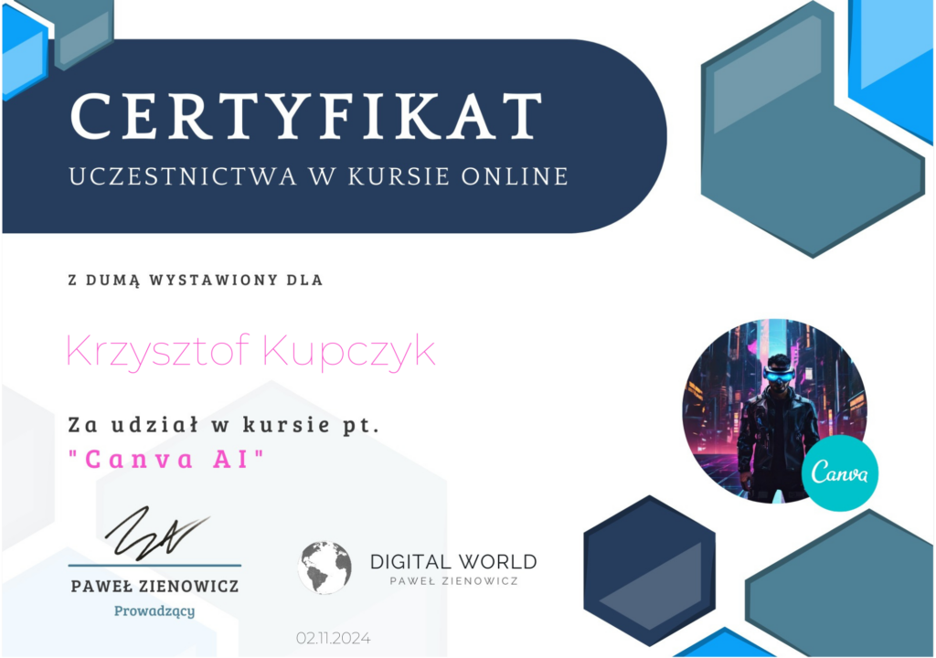 Certyfikat Canva AI Krzysztof Kupczyk