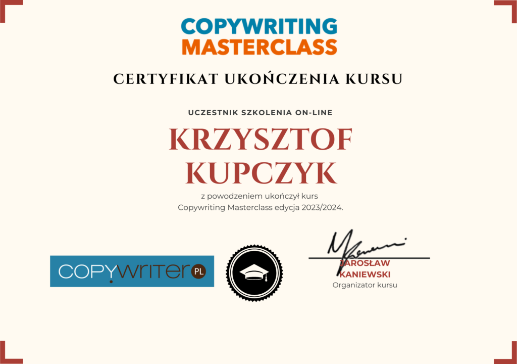 Certyfikat Copywriting Masterclass Krzysztof Kupczyk
