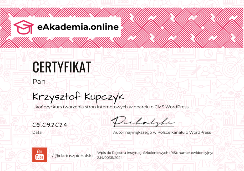 Certyfikat Kurs tworzenia stron WordPress Krzysztof Kupczyk