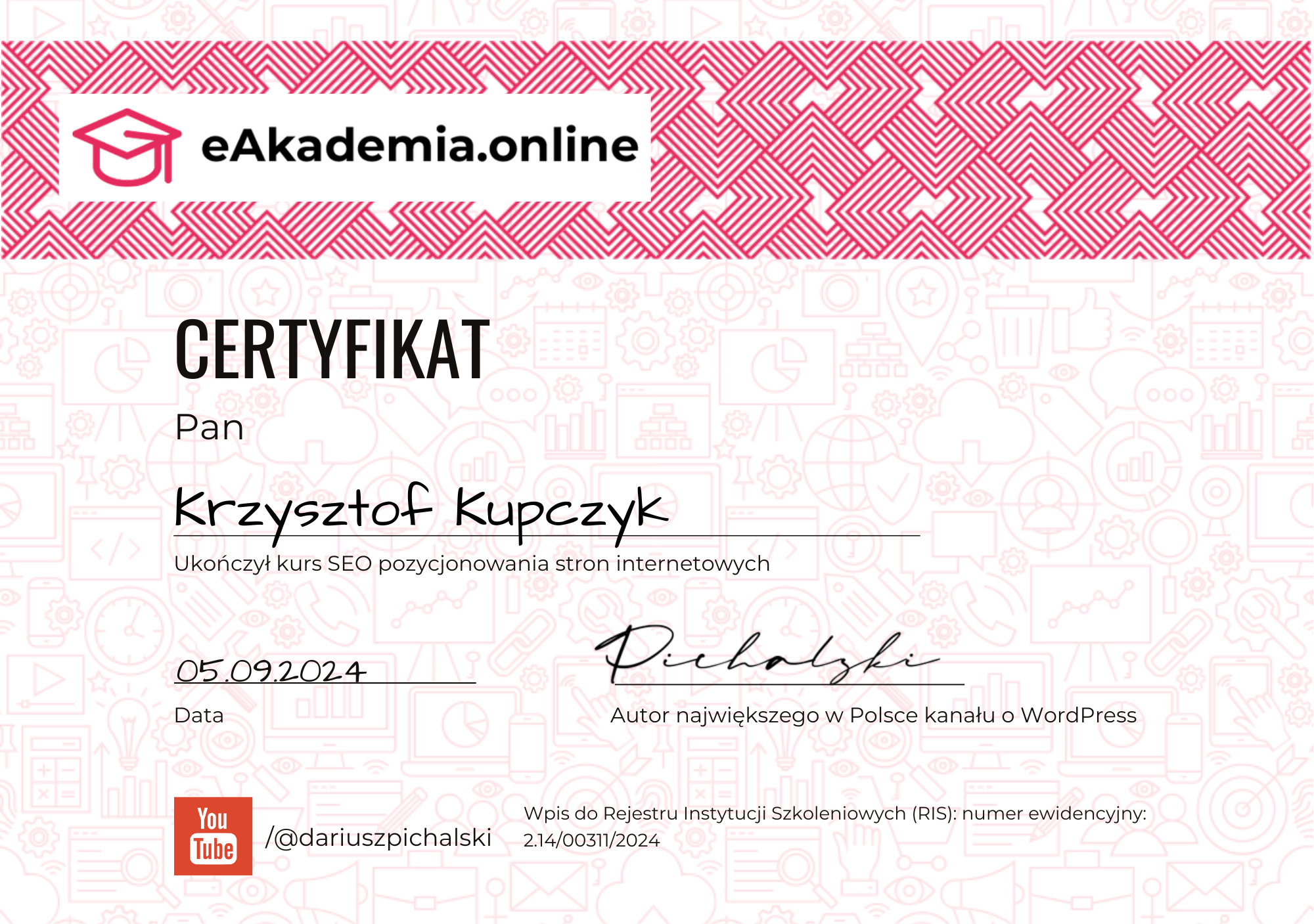 Certyfikat Pozycjonowanie SEO Krzysztof Kupczyk