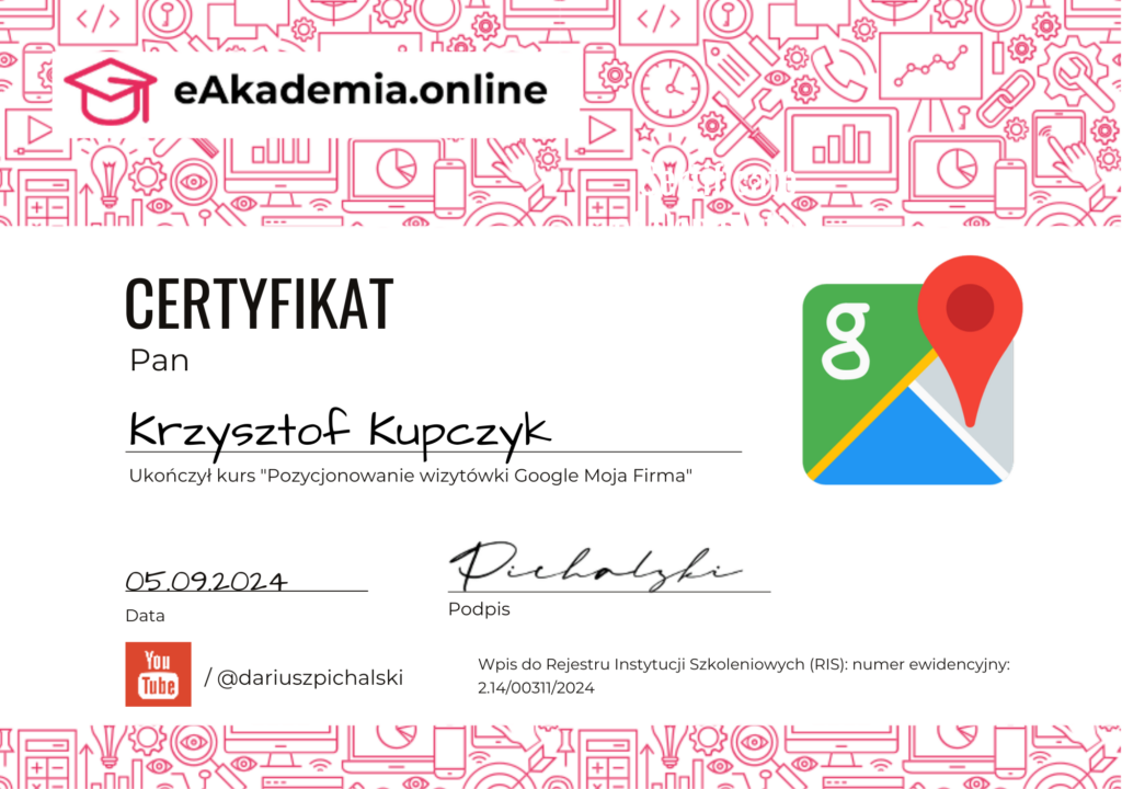 Certyfikat Pozycjonowanie wizytówki Google Moja Firma Krzysztof Kupczyk