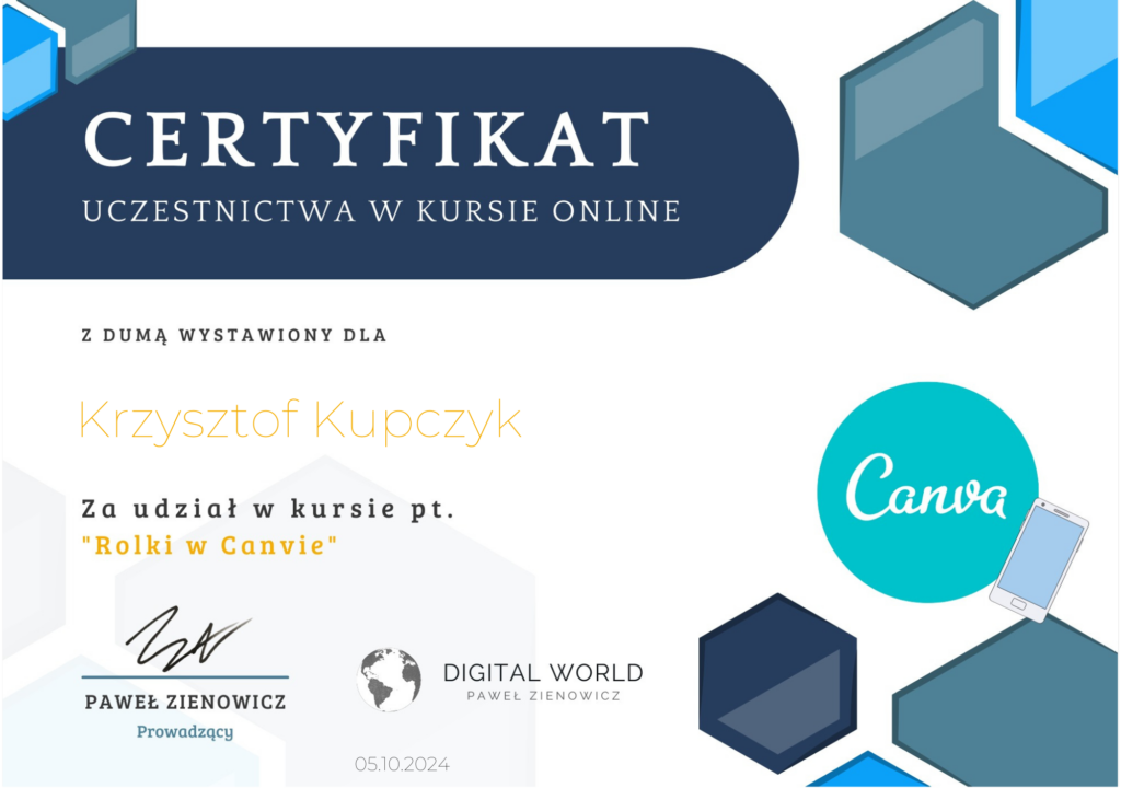 Certyfikat Rolki w Canvie Krzysztof Kupczyk