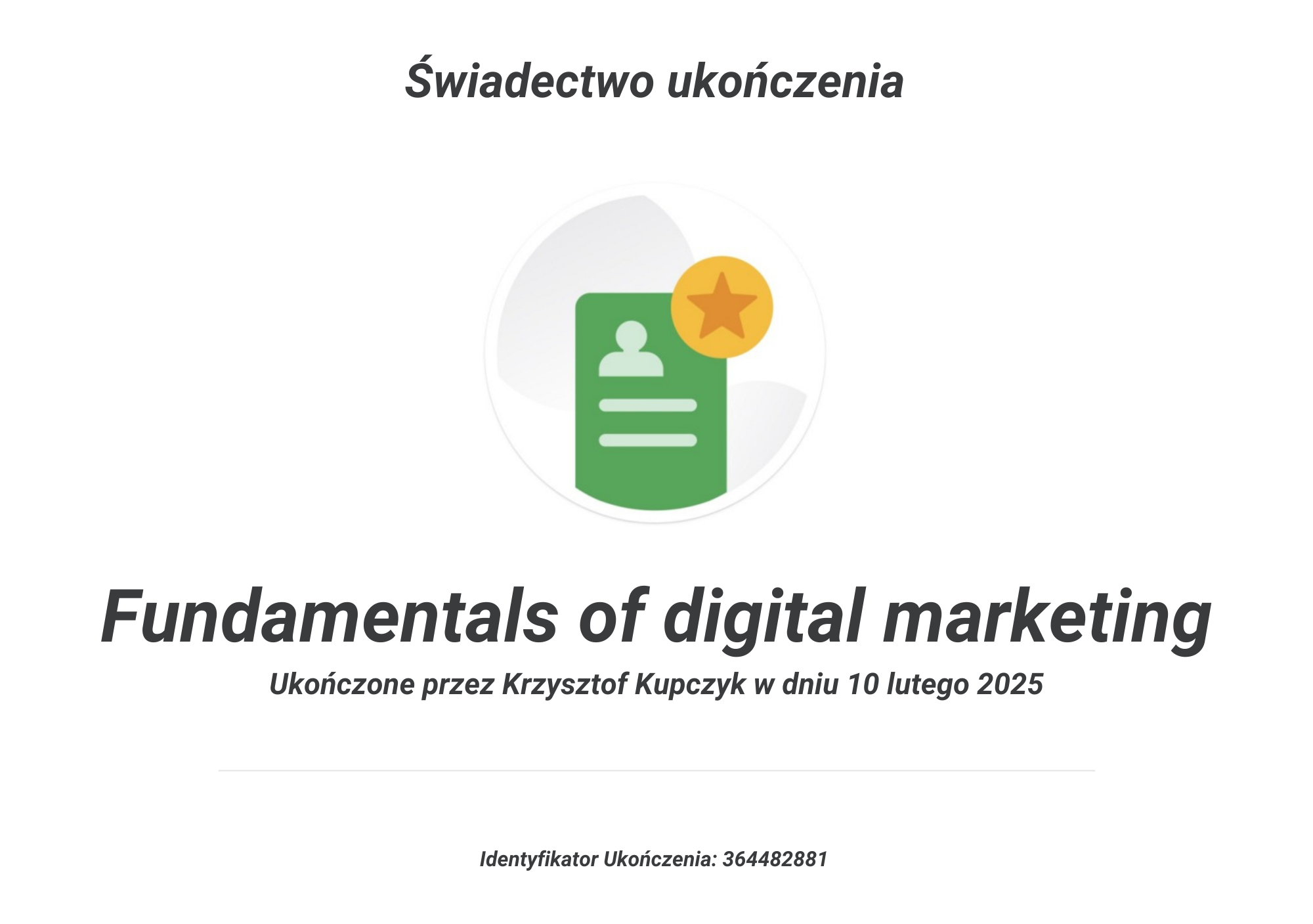 Certyfikat fundamentals of digital marketing Krzysztof Kupczyk